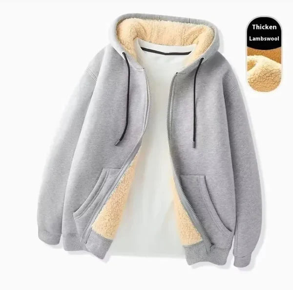 Gray hoodie with beige lining on a white background