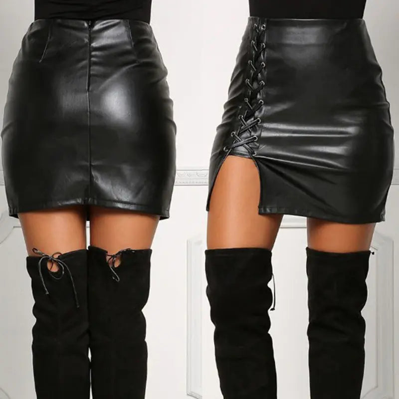 Belted Leather High-Slit Skirt - LuxusLinea