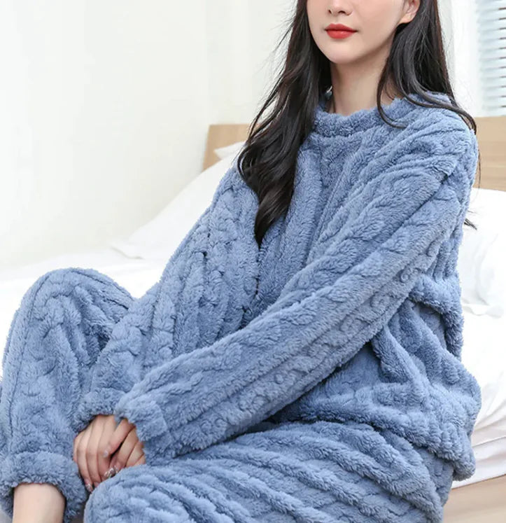 Winter Pajamas Sets Homewear Solid Color Loose Thickened Coral Velvet Pullover Long Sleeves And Trousers Warm Pajamas Indoor Outdoor Casual Clothes - LuxusLinea