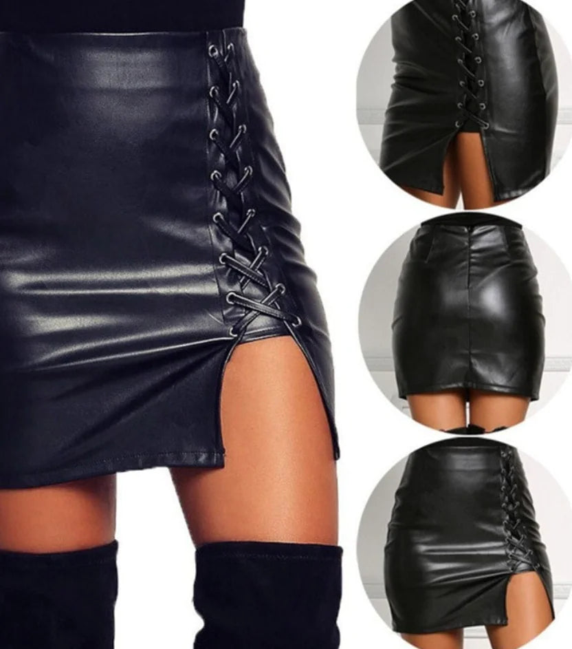 Belted Leather High-Slit Skirt - LuxusLinea
