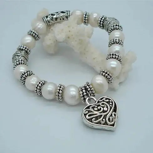 Charming Heart Pearl And Silver Bracelet - LuxusLinea