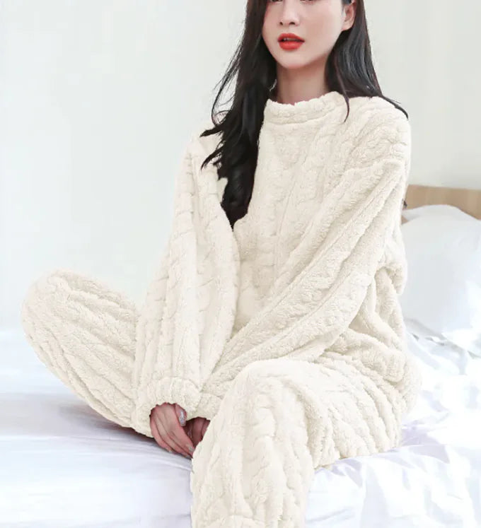 Winter Pajamas Sets Homewear Solid Color Loose Thickened Coral Velvet Pullover Long Sleeves And Trousers Warm Pajamas Indoor Outdoor Casual Clothes - LuxusLinea
